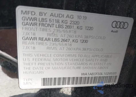 2020 Audi Q3 Premium 45 Tfsi Quattro Tiptronic z USA, uszkodzony, nr VIN WA1AECF33L1026593